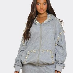 NWT Heather Gray Pearl Embellished Zip Hoodie XL Beaded Detail Fashion Hoodie